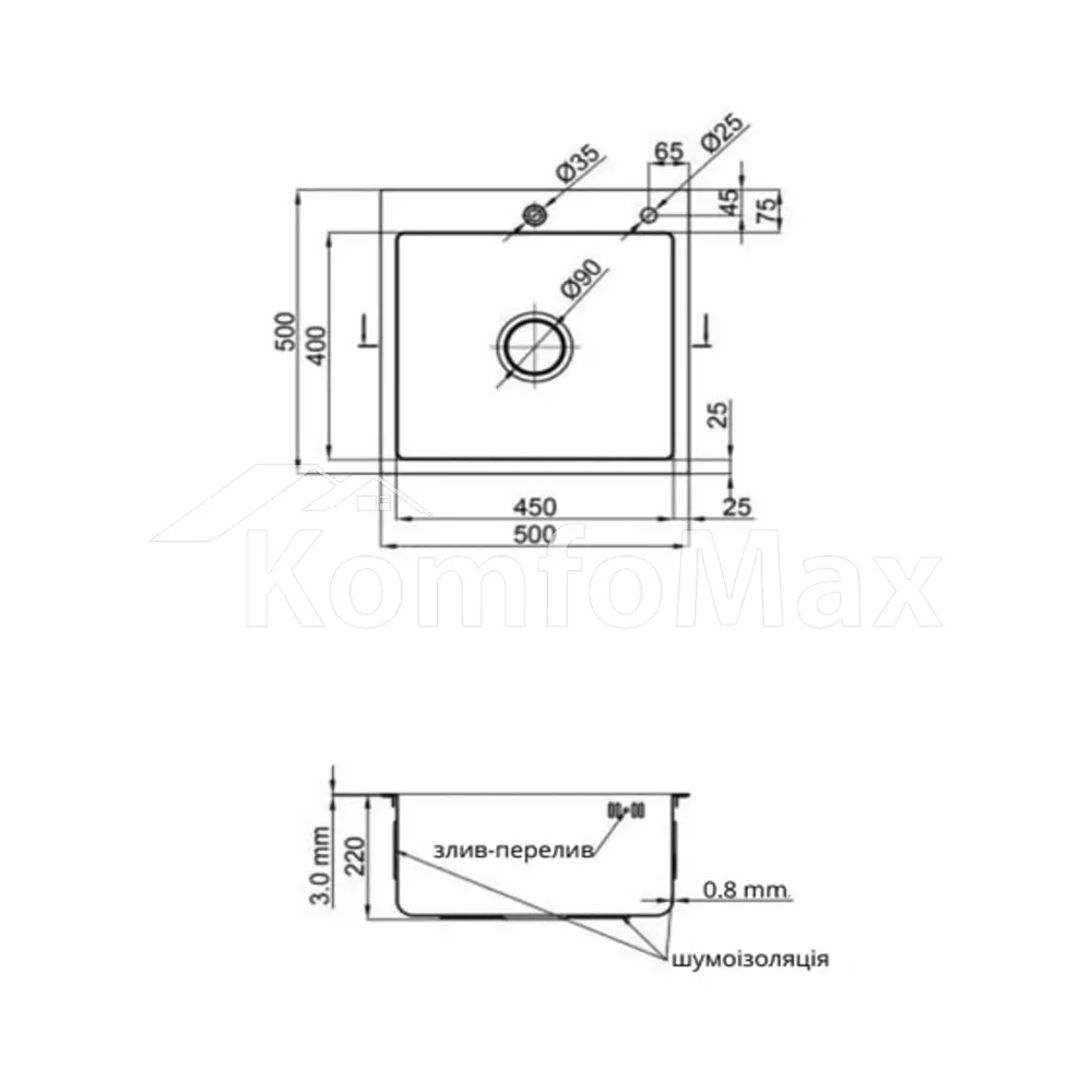Мийка кухонна нержавійка VENTA BVM5050G 3,0/1,0мм 500x500мм Gray  - фото 3
