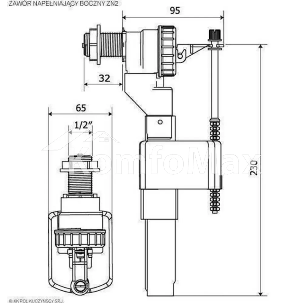 Клапан заповнення (поплавок) K.K.POL ZN2/102-1/2″ МО, бокове підключення, латунь  - фото 1